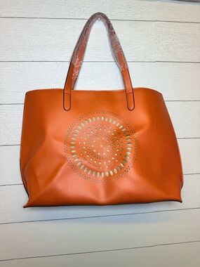 Neiman Marcus Orange Laser-Cut Circular Motif Tote